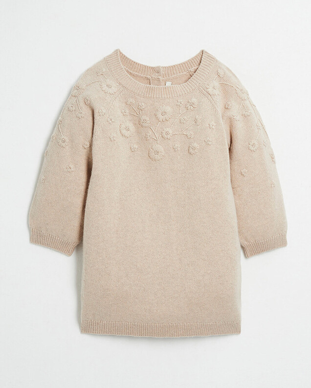 Robe enfant en laine Mérinos brodée Coloris beige chiné Natalys