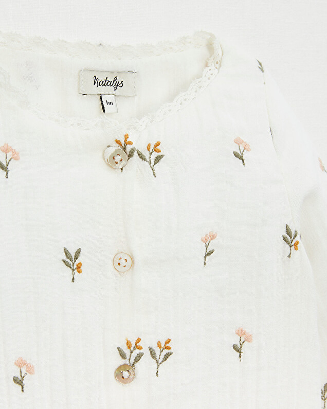 Combinaison longue en gaze de coton Brodée fleurs Natalys