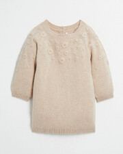Robe enfant en laine Mérinos brodée Coloris beige chiné Natalys