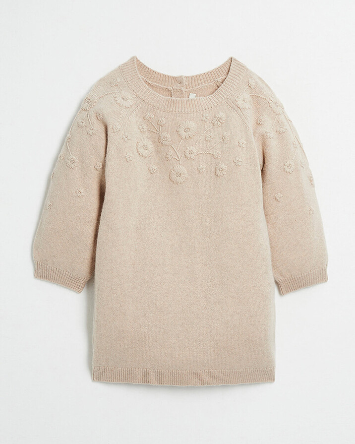 Robe enfant en laine Mérinos brodée Coloris beige chiné Natalys