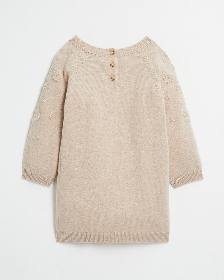 Robe enfant en laine Mérinos brodée Coloris beige chiné Natalys
