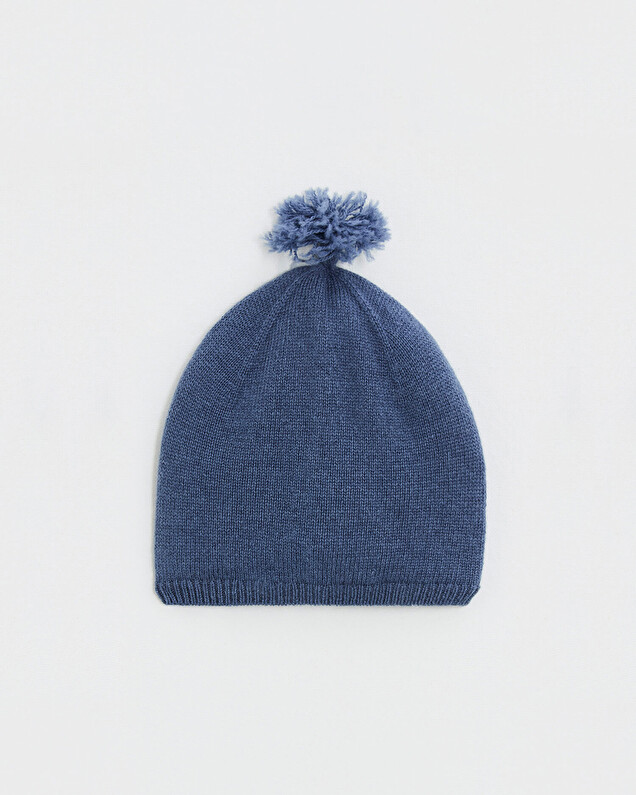 Bonnet à pompon en laine mérinos Coloris Bleu Natalys