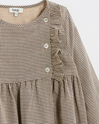 Robe manches longues en vichy Coloris gris anthracite chin&eacute;/beige  Natalys
