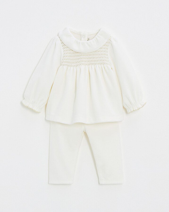 Pyjama deux pi&egrave;ces en velours smock&eacute; Coloris &eacute;cru  Natalys