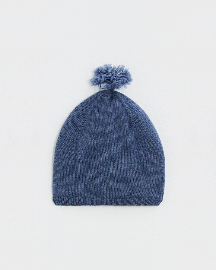 Bonnet à pompon en laine mérinos Coloris Bleu Natalys
