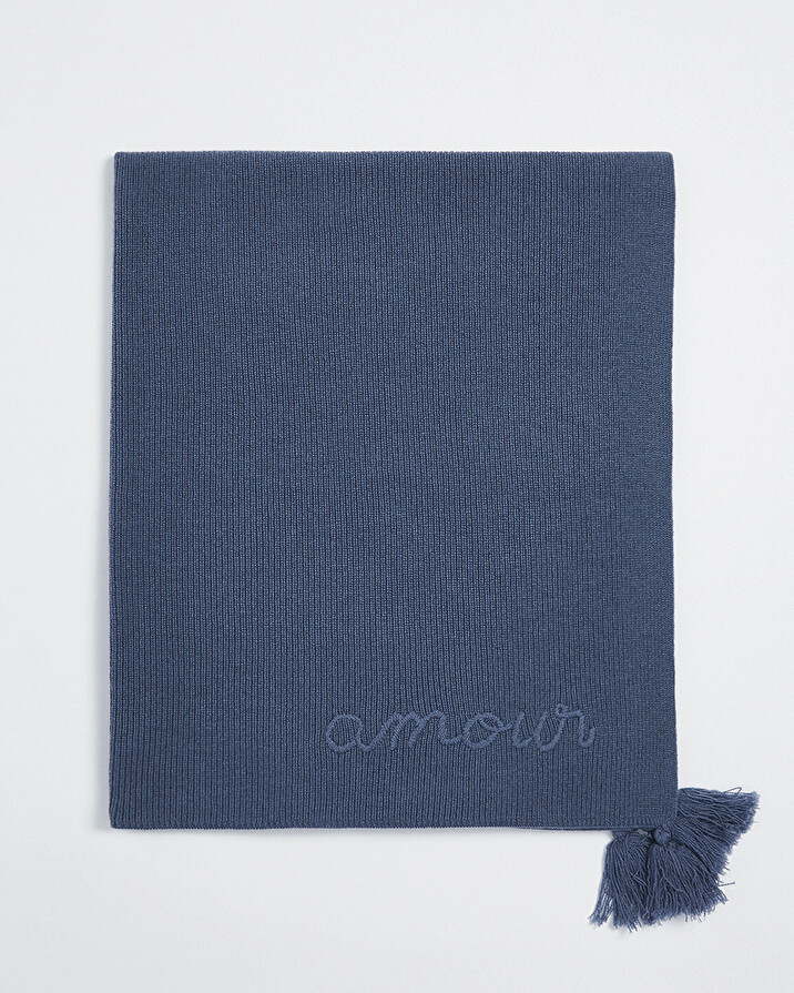 Couverture brodée en laine mérinos Coloris bleu Natalys