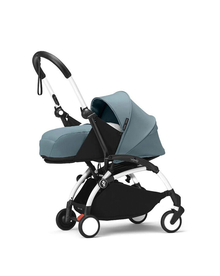 Poussette YOYO&sup3; pack nouveau-n&eacute; 0+ avec cadre blanc Coloris aqua  Stokke